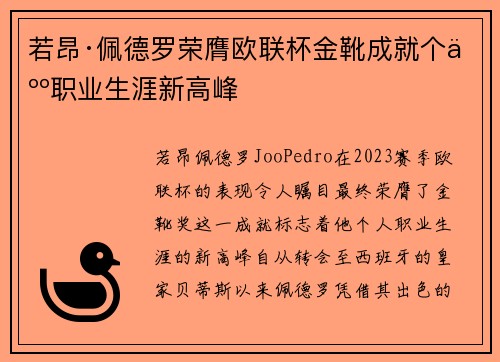 若昂·佩德罗荣膺欧联杯金靴成就个人职业生涯新高峰