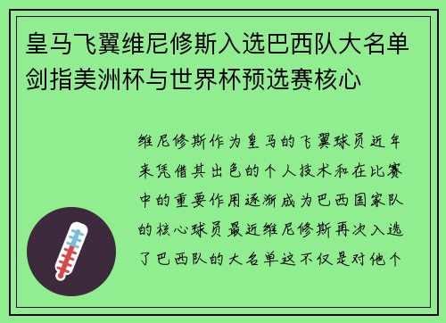 皇马飞翼维尼修斯入选巴西队大名单剑指美洲杯与世界杯预选赛核心